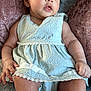 Bella joined the competition — help win amazing prizes! baby, infant, child, dress, light_blue, lace, fabric, skin, legs, arms, hand, foot, pillow, plush, soft, texture, couch, fur, cute, portrait