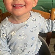 Eliott participe au concours pour gagner de l'argent avec cette photo : toddler, child, smiling, milk_bottle, high_chair, blue_shirt, sea_theme, indoor, kitchen, green_cabinets, happy, cute, person, sitting, face, baby, clothing, table, wooden_chair, milk