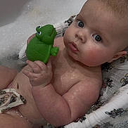 Hudson joined the competition — help win amazing prizes! baby, child, bath, bathtub, water, foam, toy, turtle, skin, hand, face, eyes, expression, cute, wet, infant, sitting, closeup, bathroom, playtime