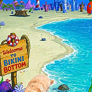Preston P is registered to the contest to win money with this photo: dog, beach, sand, water, ocean, cartoon_background, bikini_bottom, sign, coral, rocks, underwater_city, animated_style, palm_tree, lighthouse, colorful, cute, pet, treat, relaxing, shoreline