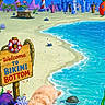 dog, beach, sand, water, ocean, cartoon_background, bikini_bottom, sign, coral, rocks, underwater_city, animated_style, palm_tree, lighthouse, colorful, cute, pet, treat, relaxing, shoreline