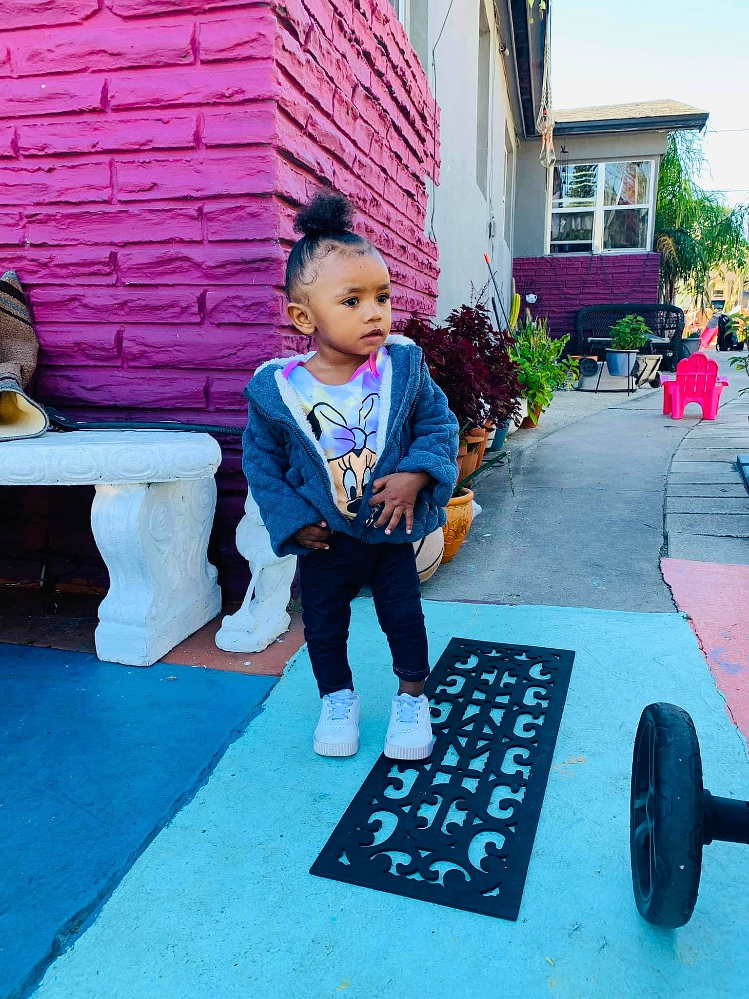 Kyari joined the competition — help win amazing prizes! asphalt, azure, blue, child, electric_blue, flooring, fun, happy, leisure, magenta, person, plant, play, recreation, road, sidewalk, street, t_shirt, toddler, travel