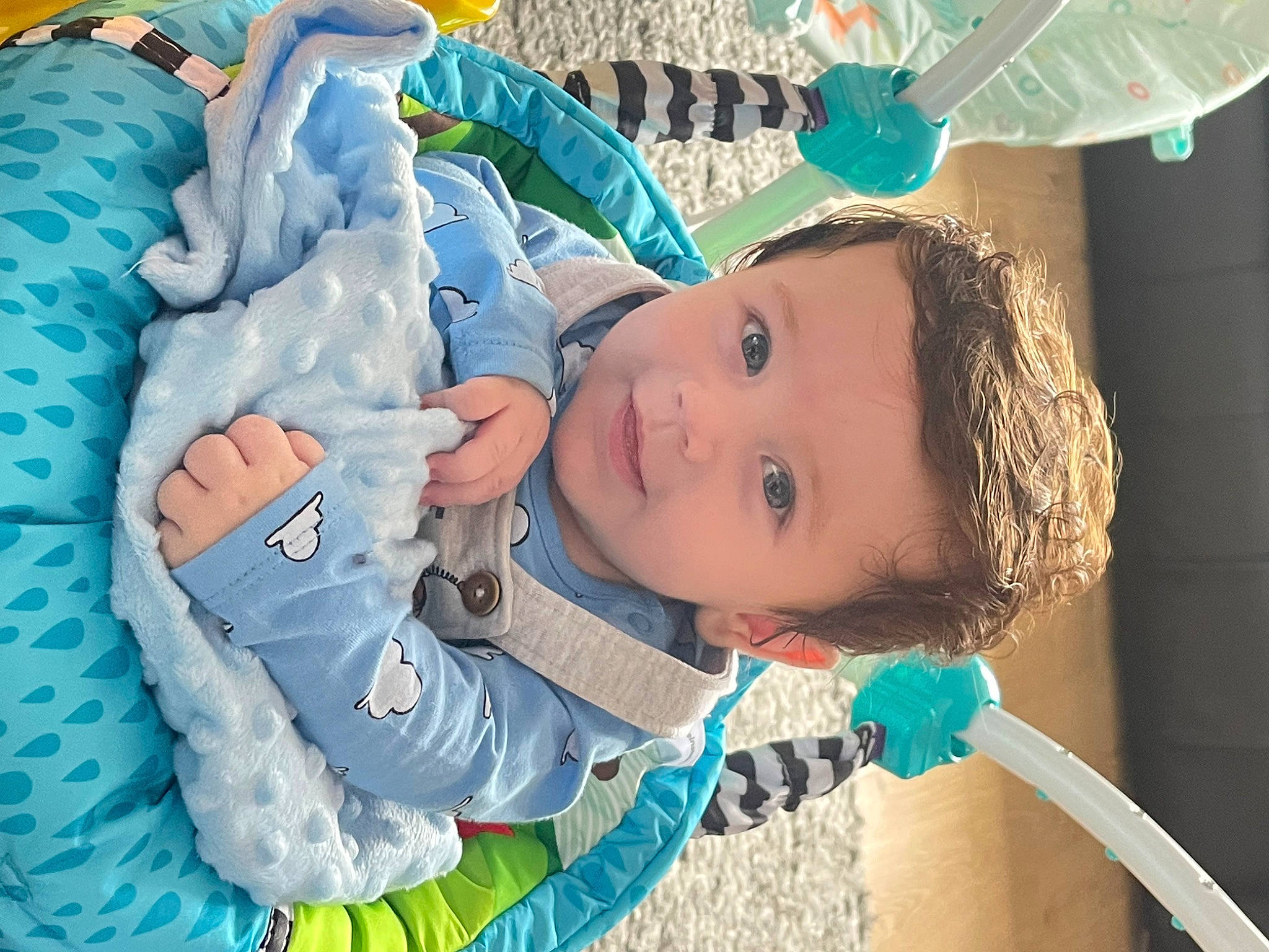 Hadley joined the competition — help win amazing prizes! azure, baby, baby_products, baby_toddler_clothing, blue, cheek, child, comfort, electric_blue, fun, green, happy, linens, pattern, person, play, skin, toddler, white, winter