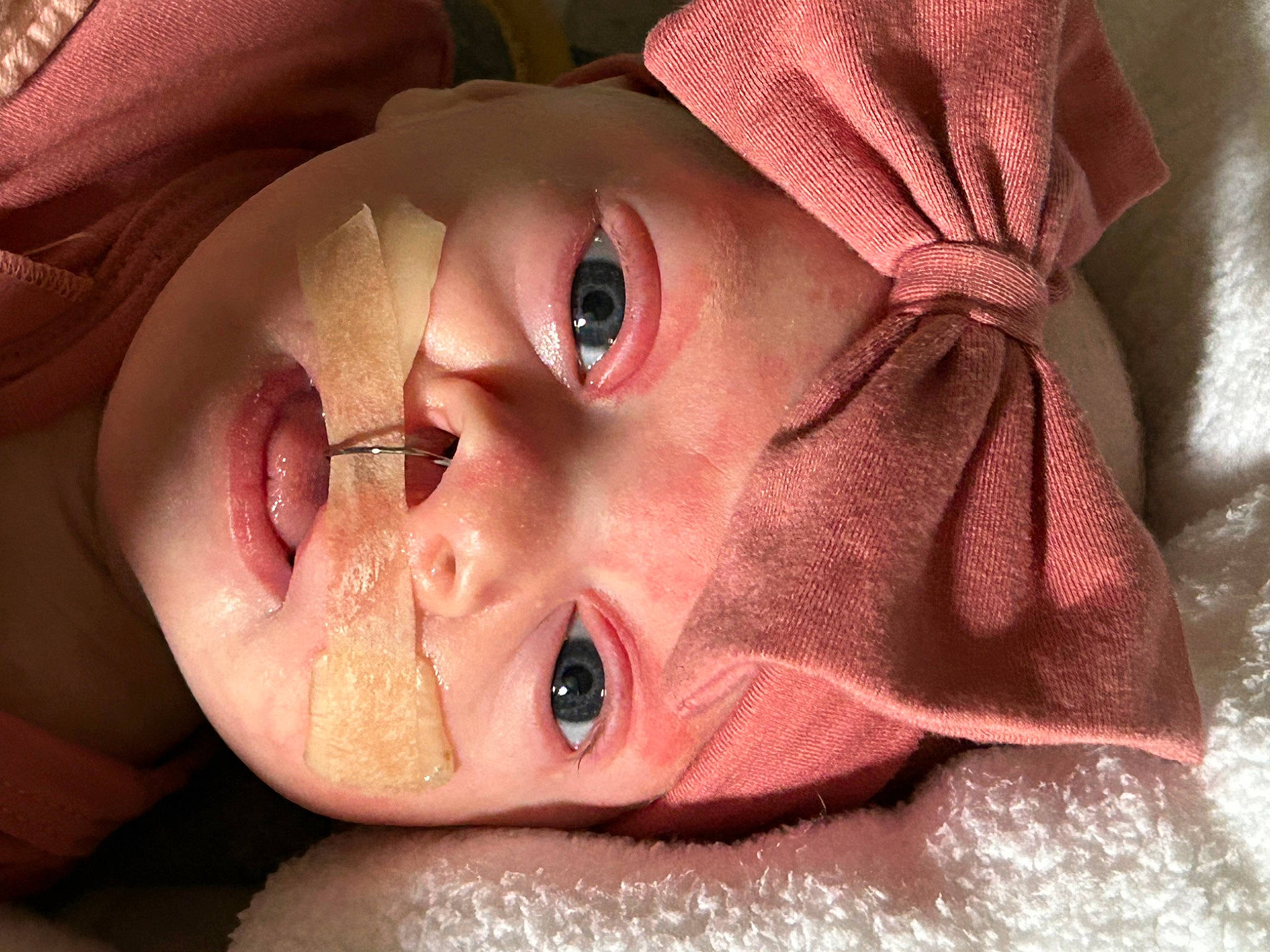 Saylor is registered to the contest to win money with this photo: baby, cheek, child, close_up, eye, eyebrow, eyelash, happy, headgear, iris, lip, mammal, mouth, neck, nose, orange, person, pink, skin, toddler