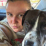 Lotto joined the competition — help win amazing prizes! person, dog, selfie, car_interior, close_up, brown_eyes, black_and_white_dog, casual_clothing, sweatshirt, window, sunlight, vehicle, hand, face, nose, pet, companionship, indoors, daylight, portrait