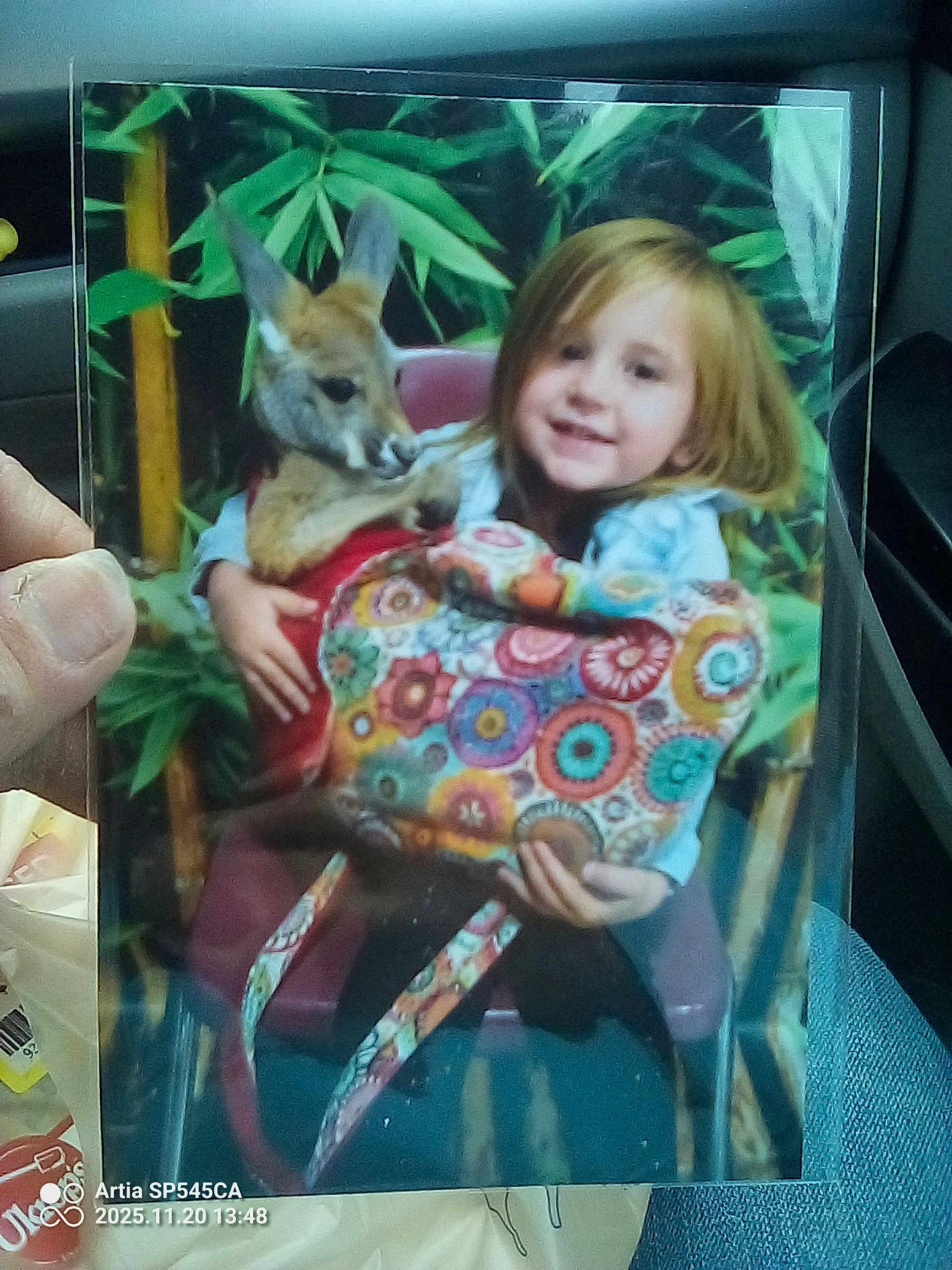 Kyra joined the competition — help win amazing prizes! child, kangaroo, animal, plant, bag, patterned_bag, colorful, smile, hand, photo, printed_photo, chair, indoor, person, holding, greenery, young_child, cute, nature, furry_animal