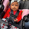 baby, child, car_seat, headband, bow, red_shirt, minnie_mouse, pants, socks, seatbelt, safety, cute, infant, portrait, indoors, car, seat, child_safety, apparel, person