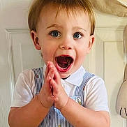 Levi joined the competition — help win amazing prizes! blue_eyes, child, clapping, cute, door, excitement, expression, hands, happy, indoor, innocence, person, portrait, short_hair, smile, striped_outfit, surprised, toddler, white_collar, young_child