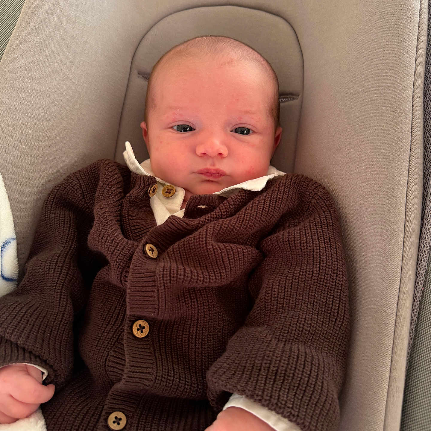 Dean a rejoint le concours — aidez-le/la à gagner de superbes lots ! baby, infant, child, knit_sweater, brown_clothing, cushion, seat, portrait, indoor, cute, newborn, person, face, skin, hand, buttoned_sweater, relaxing, baby_garment, serious_expression, comfort