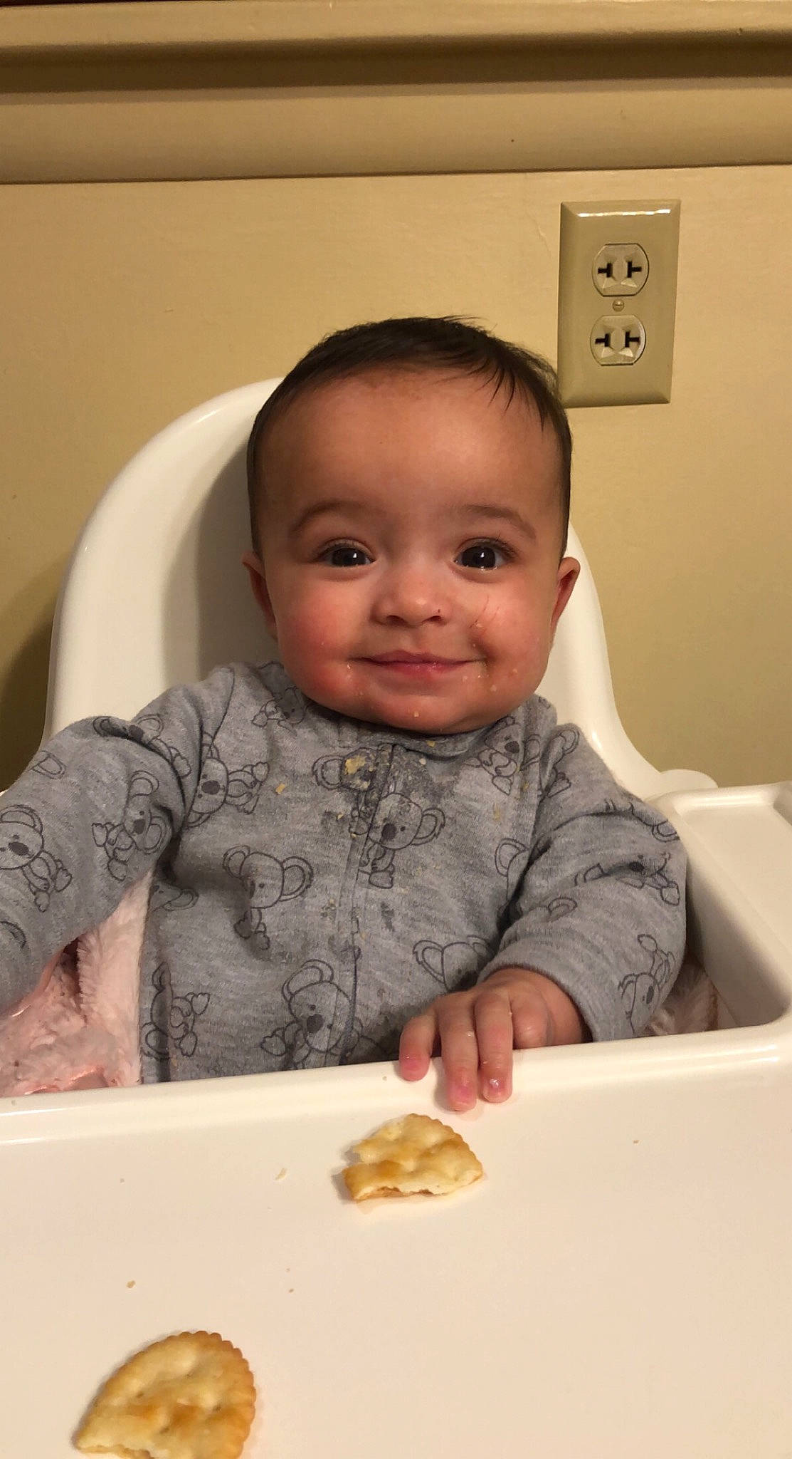 Rainey joined the competition — help win amazing prizes! arm, baby, baby_toddler_clothing, cheek, child, chin, comfort_food, eye, finger, food, food_craving, joy, light_switch, mouth, person, sitting, skin, sleeve, smile, t_shirt