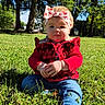 Luna joined the competition — help win amazing prizes! baby, child, toddler, portrait, outdoor, grass, park, garden, forest, trees, sunlight, red_jacket, headband, bow, blue_jeans, sitting, hands, face, serious_expression, nature