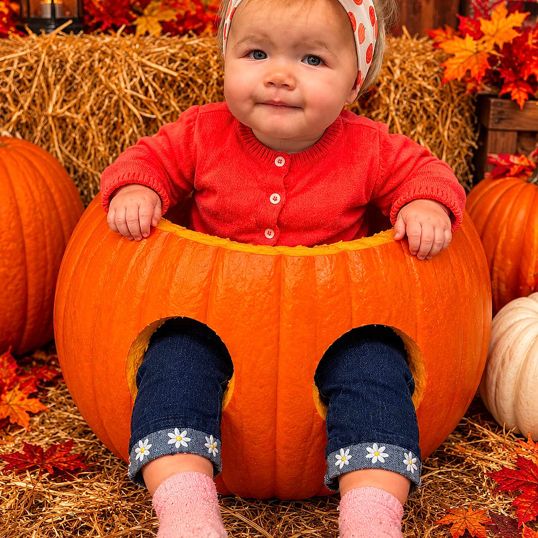 Luna joined the competition — help win amazing prizes! baby, child, infant, portrait, smiling, autumn, fall, pumpkin, pumpkin_patch, hay, lantern, leaves, harvest, red_sweater, headband, bow, pink_socks, jeans, outdoor, seasonal