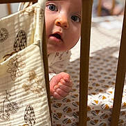 Simone participe au concours pour gagner de l'argent avec cette photo : baby, crib, wooden_bars, hand, face, eyes, blanket, pattern, sheet, curious, indoor, infant, child, soft_light, portrait, closeup, cute, toddler, clothing, nursery