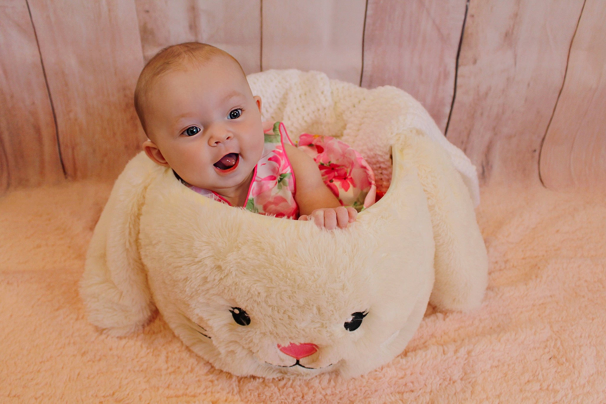 Madison Grace joined the competition — help win amazing prizes! baby, baby_safety, baby_sleeping, baby_toddler_clothing, cat, cheek, child, comfort, eye, flooring, foot, happy, linens, person, pink, room, skin, smile, textile, toddler