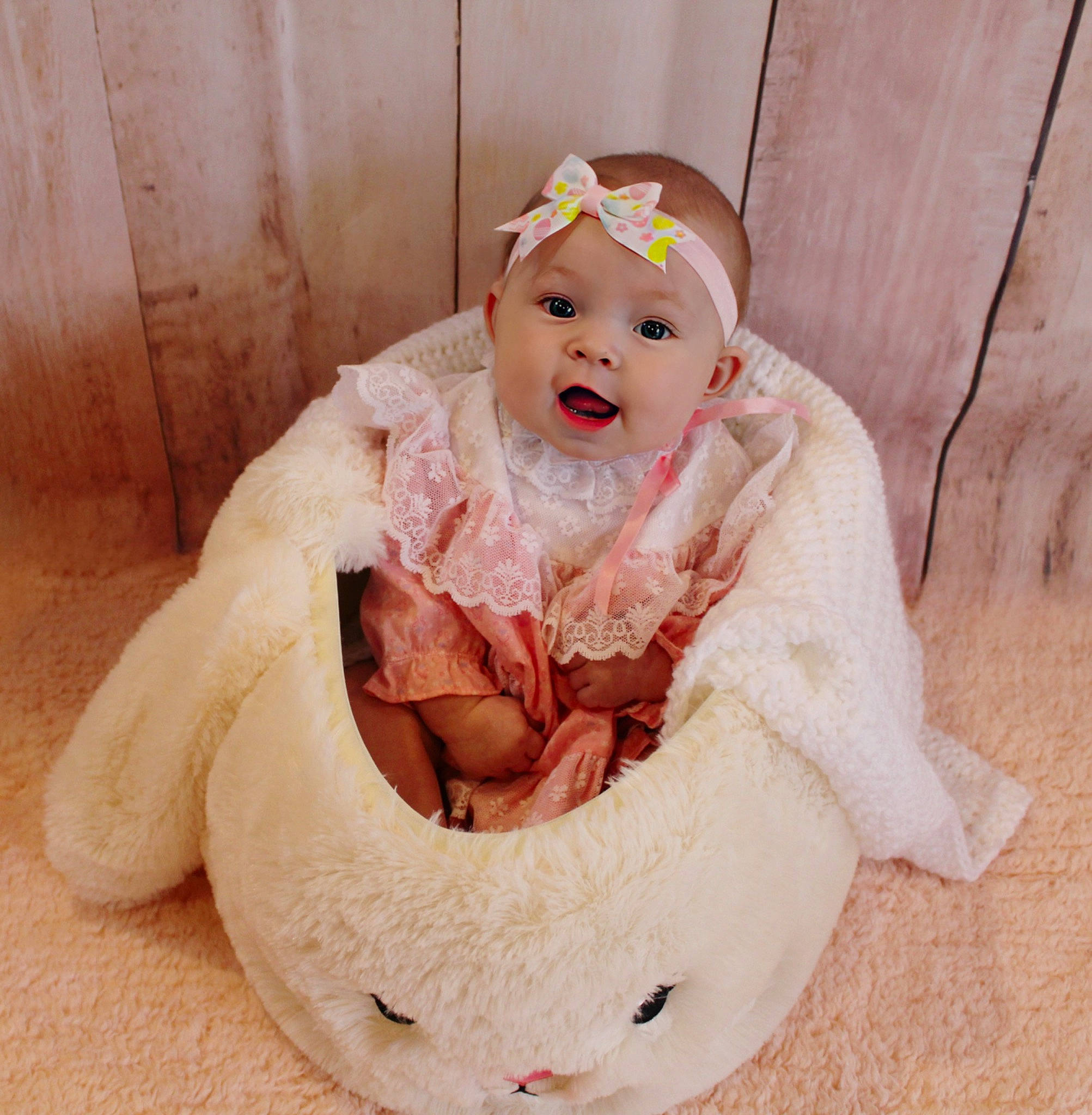 Madison Grace joined the competition — help win amazing prizes! art, baby, baby_products, baby_toddler_clothing, child, comfort, costume, face, fashion_accessory, fun, happy, hat, headband, headpiece, headwear, peach, person, sitting, sleeve, smile