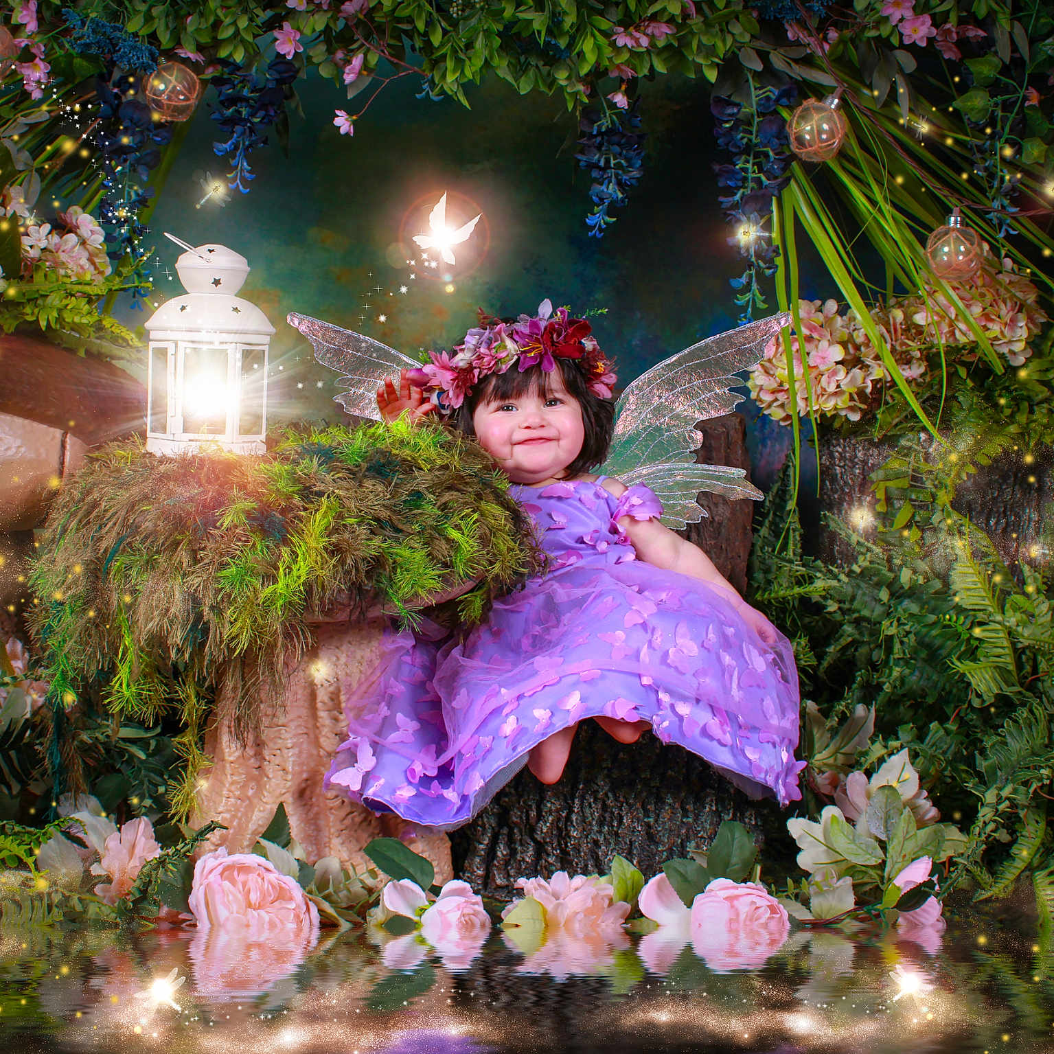 Zoe joined the competition — help win amazing prizes! child, cute, enchanted, fairy, fantastical, fantasy, flower_crown, flowers, glowing, greenery, lantern, magic, nature, portrait, purple_dress, smile, sparkles, tree_stump, whimsical, wings