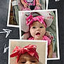 baby, infant, pink_bow, headband, hello_kitty, pink_clothing, baby_seat, polaroid_frame, multiple_photos, smiling, surprised, closeup, portrait, cute, child, indoors, soft_lighting, chalkboard_background, arrows, decorative