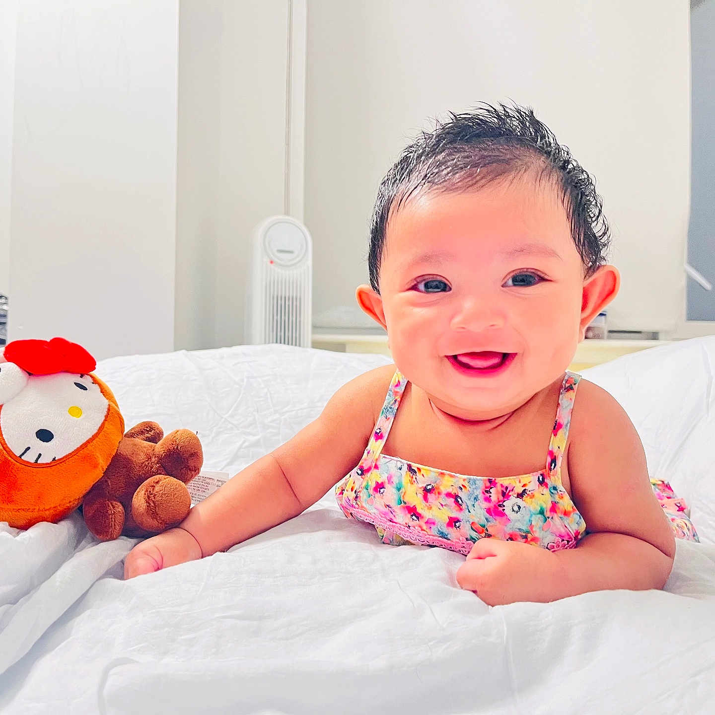Jannatul joined the competition — help win amazing prizes! baby, bed, child, colorful_dress, cute, face, furniture, happy, head, indoors, infant, person, plush_toy, portrait, room, skin, smiling, toy, white_bedspread, young_child