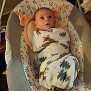 Desmond joined the competition — help win amazing prizes! baby, baby_swing, blanket, child, comfort, cozy, cute, expression, face, floral_pattern, indoor, infant, person, portrait, seated, soft, wide_eyes, woodland_animals, wrapped, young_child