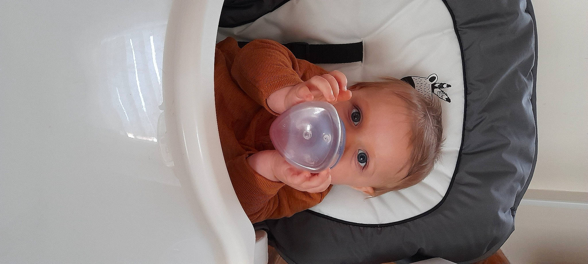 Nathan participe au concours pour gagner de l'argent avec cette photo : baby, baby_products, baby_toddler_clothing, bathing, cheek, child, comfort, drinkware, ear, eyelash, finger, hand, iris, mouth, nail, person, personal_protective_equipment, sitting, skin, tableware