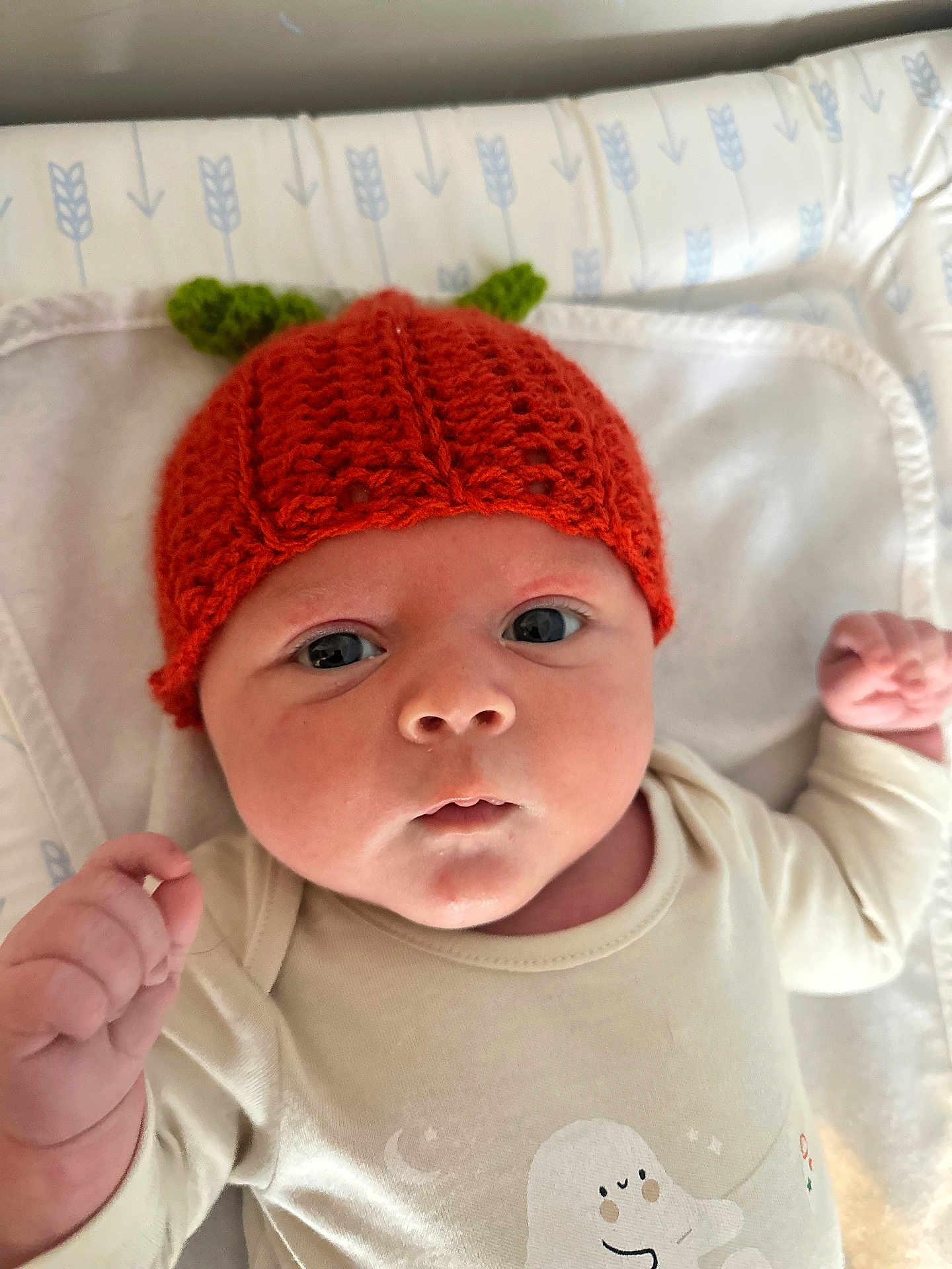 Hudson is registered to the contest to win money with this photo: baby, infant, hat, knit_hat, orange_hat, cute, face, eyes, blanket, white_blanket, pattern, blue_arrows, clothing, onesie, raised_fist, newborn, portrait, lying_down, indoors, soft_lighting