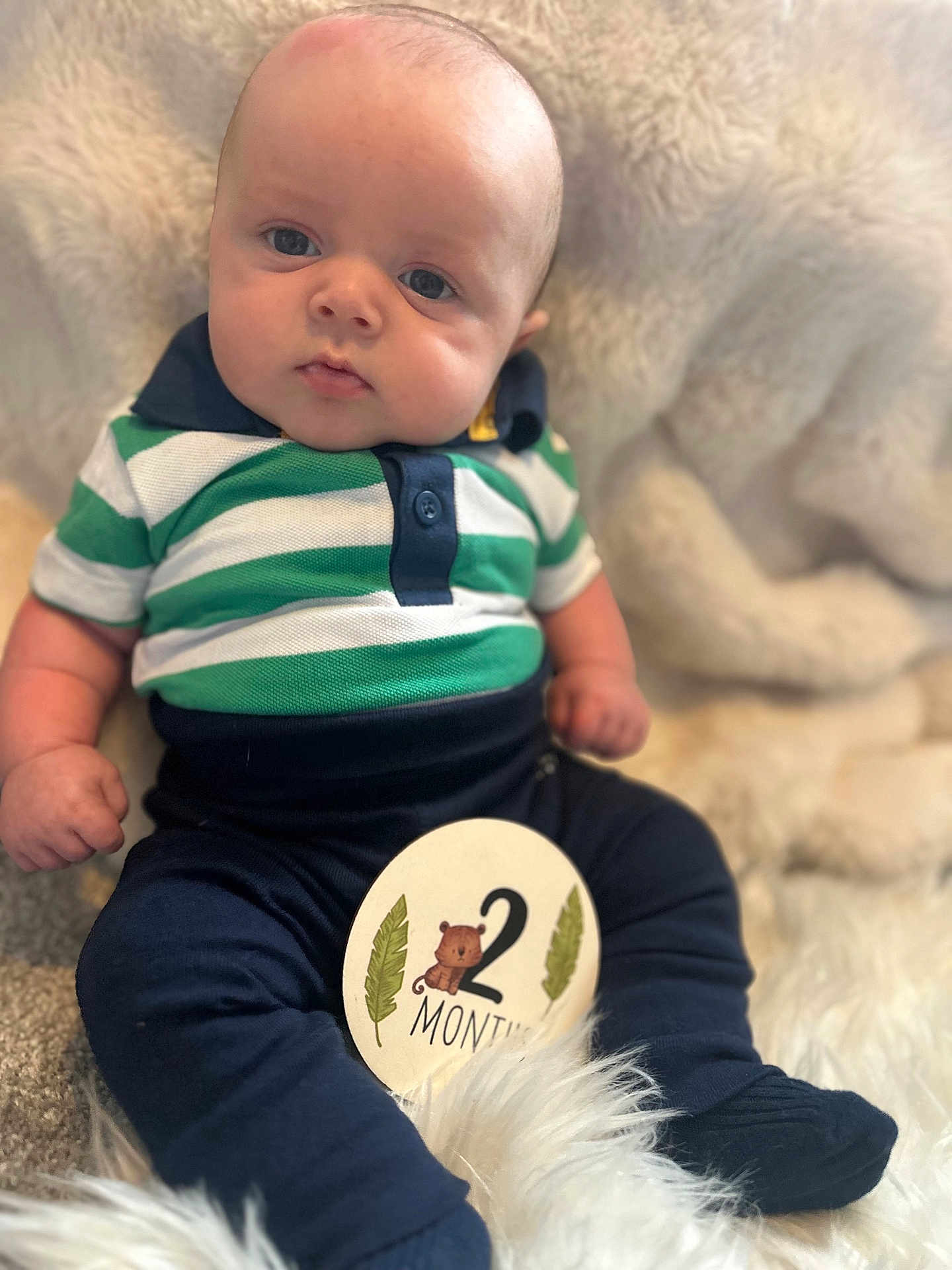 Hudson is registered to the contest to win money with this photo: baby, infant, child, striped_shirt, navy_pants, fluffy_blanket, sitting, portrait, cute, 2_months, sign, indoor, soft_lighting, curious_expression, chubby_cheeks, young_child, closeup, face, hands, feet