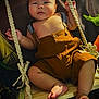 baby, child, infant, swing, wooden_swing, overalls, mustard_color, bare_chest, cute, relaxed, indoors, ropes, baby_clothing, feet, hands, face, portrait, smiling, young_child, skin