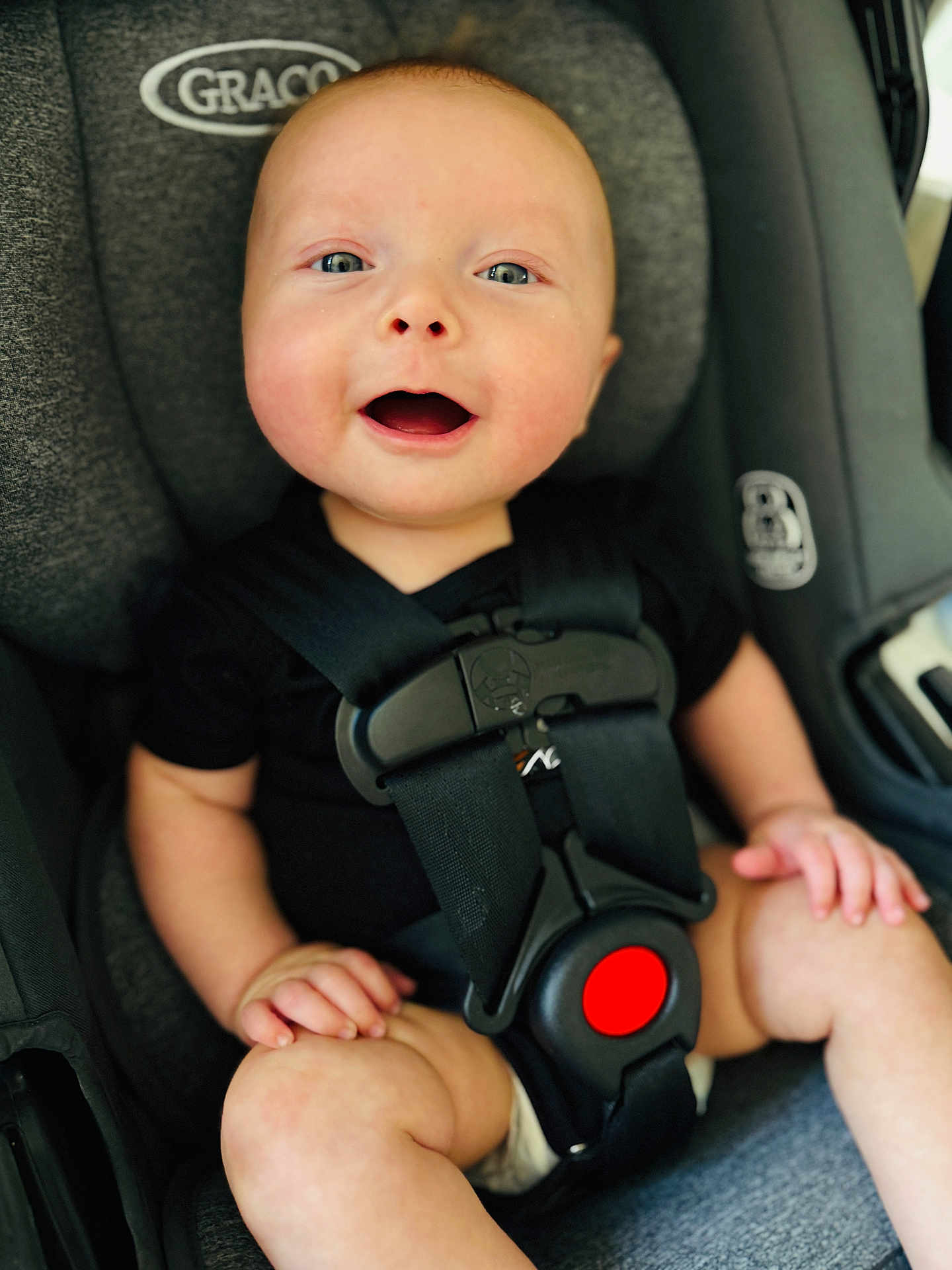 Wyatt joined the competition — help win amazing prizes! baby, child, car_seat, safety_harness, smiling, happy, infant, seatbelt, black_clothing, red_button, cute, young_child, secure, car_interior, closeup, face, skin, hands, legs, seat