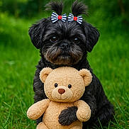 Ruby a rejoint le concours — aidez-le/la à gagner de superbes lots ! adorable, animal, black_dog, bow, cute, dog, fur, grass, greenery, hair_bow, nature, outdoor, pet, playful, portrait, puppy, sitting, small_dog, stuffed_toy, teddy_bear