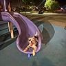 Abigochi joined the competition — help win amazing prizes! animal, asphalt, canine, car, dog, empty_parking_lot, fun, happy, leash, night, outdoor, park, pet, playground, purple_slide, shadow, slide, street_light, tongue_out, tree