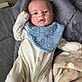 Oliver joined the competition — help win amazing prizes! baby, infant, onesie, bib, blue_bib, blanket, soft_texture, gray_quilt, beige_blanket, lying_down, face, eyes, hand, cute, child, indoors, portrait, clothing, person, comfort