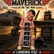 Amberley is registered to the contest to win money with this photo: aircraft, airfield, announcement, aviation, aviation_theme, aviator_helmet, baby, child, fighter_jet, future_sibling, military, pink_dress, portrait, pregnancy, sign, smiling, sunset, text_overlay, toddler, ultrasound