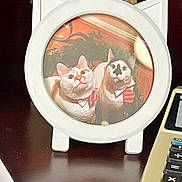 Camilo Francesco is registered to the contest to win money with this photo: cat, photo_frame, cat_ears, table, calculator, wood_surface, decor, portrait, bow_tie, pet, feline, vintage, office, festive, red, white, circular_frame, two_cats, indoor, closeup
