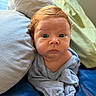 Matthew is registered to the contest to win money with this photo: baby, infant, red_hair, blue_clothing, pillow, bed, blanket, face, eyes, skin, indoors, portrait, cute, child, newborn, soft_texture, close_up, person, cozy, resting