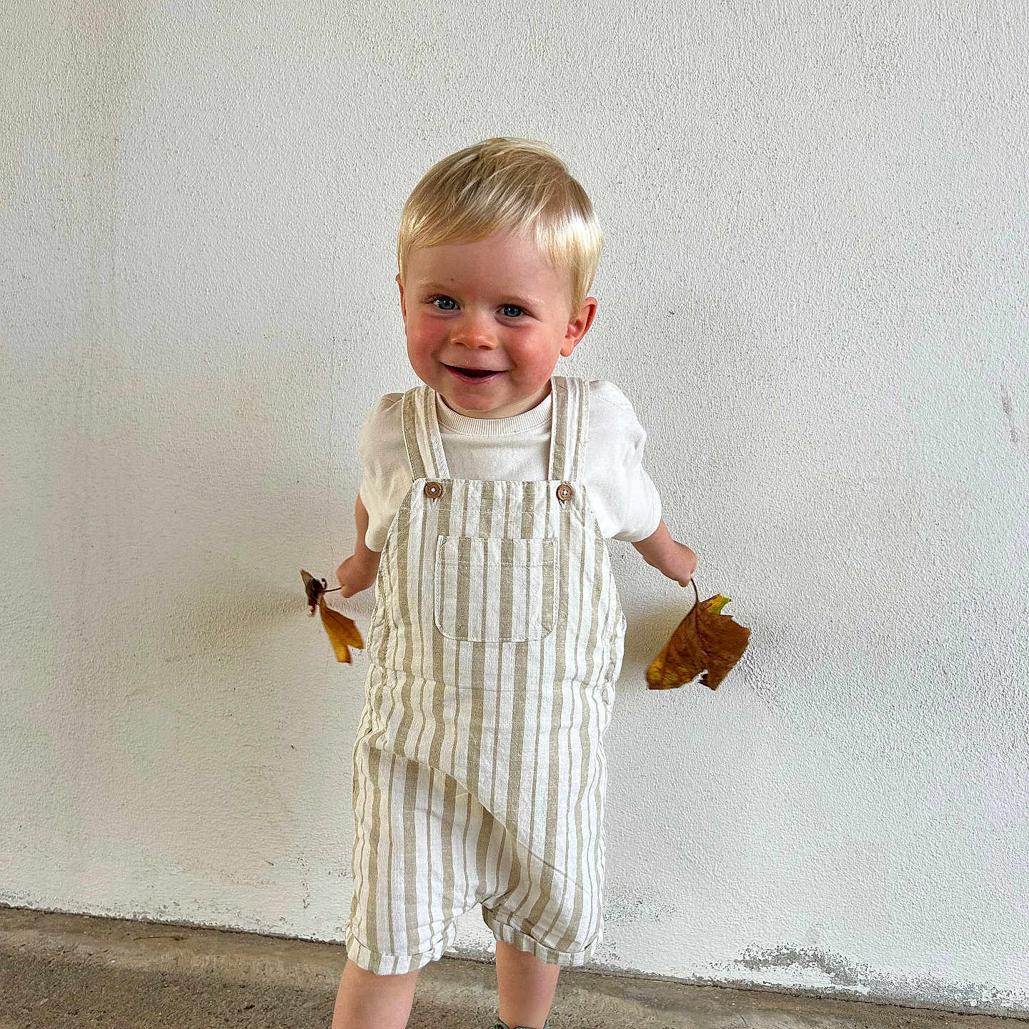 Liam participe au concours pour gagner de l'argent avec cette photo : autumn, blonde_hair, blue_eyes, casual_clothing, child, concrete_floor, cute, happy, indoor, leaves, plain_wall, playful, portrait, sandals, smiling, standing, striped_overalls, toddler, white_shirt, young_child