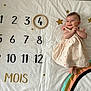 baby, infant, smile, dress, milestone_blanket, numbers, wooden_ring, stars, rainbow, lying_down, cute, happy, child, portrait, celebration, four_months, clothing, feet, person, indoor