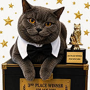 Church joined the competition — help win amazing prizes! cat, gray_cat, tuxedo, bow_tie, award, trophy, gold, stars, celebration, proud, pet, portrait, feline, cute, animal, competition, decor, box, black, fashion