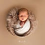newborn, baby, sleeping, swaddled, basket, fluffy, soft, cozy, portrait, infant, peaceful, wrapped, head, hands, skin, closeup, warm, brown, background, studio