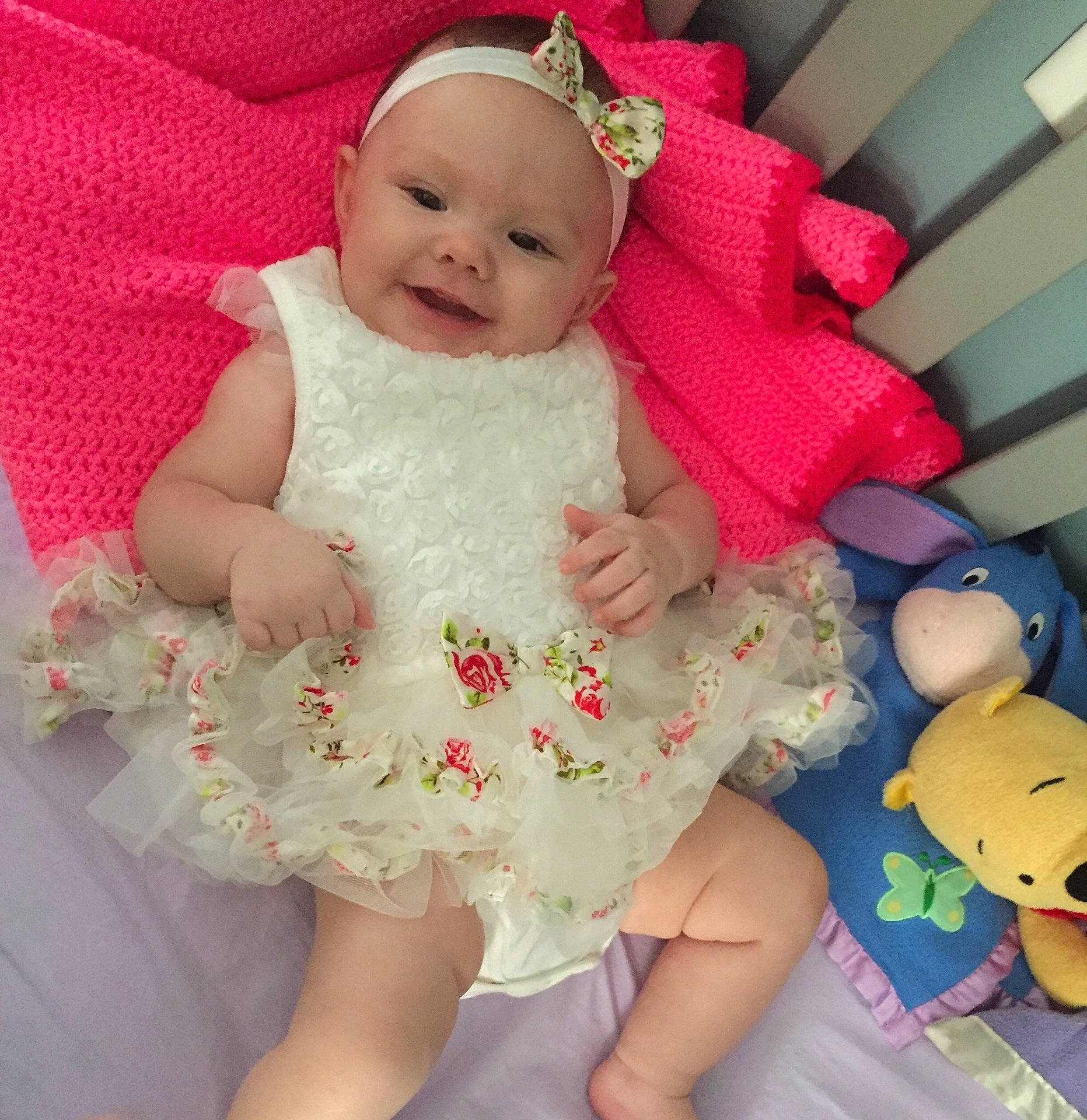 Kaydence joined the competition — help win amazing prizes! baby_products, child, girl, hair_accessory, human_hair_color, infant, iris, material, person, pink, product, skin, textile, toddler