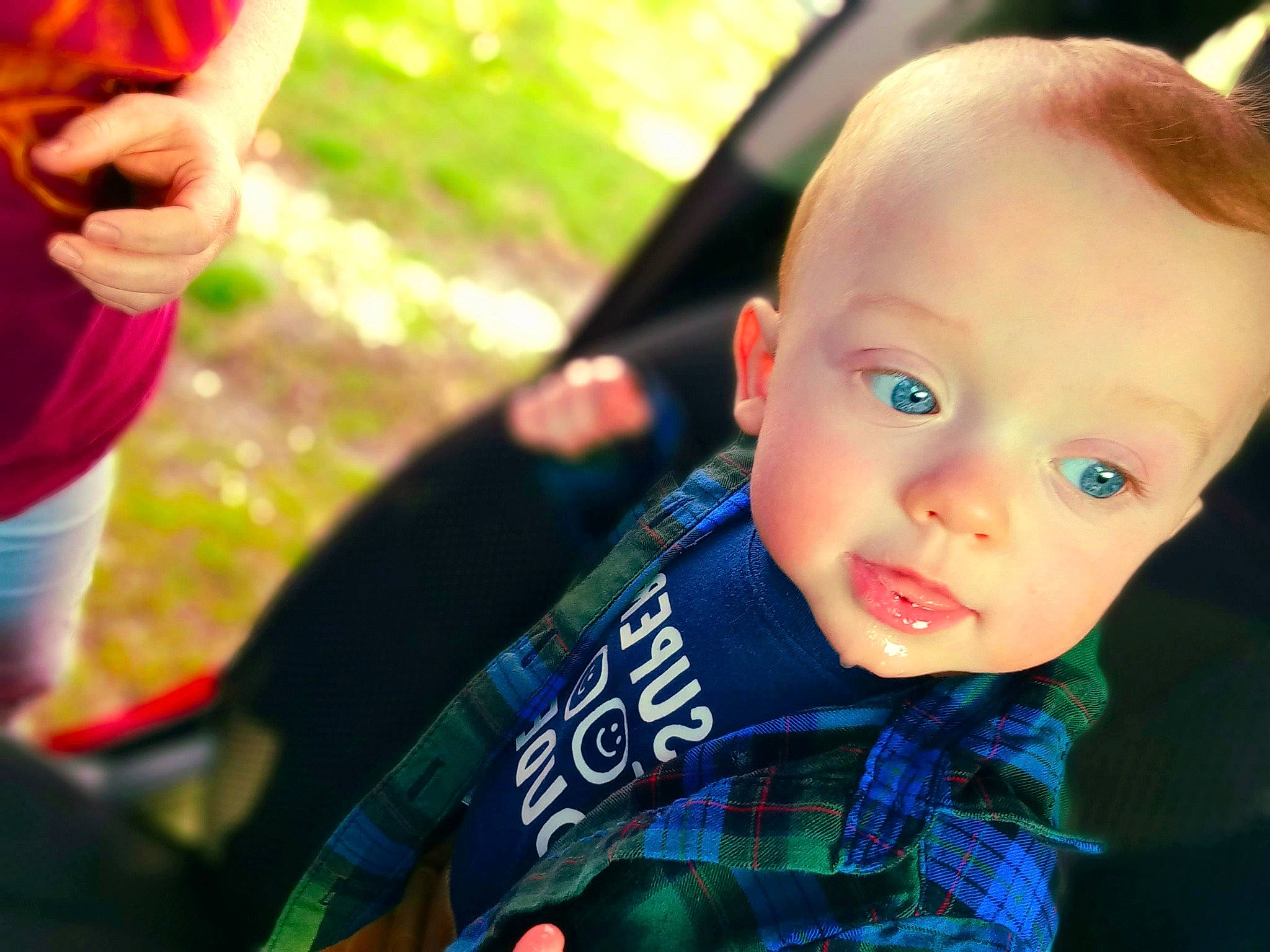 Oakley joined the competition — help win amazing prizes! baby, baby_products, baby_toddler_clothing, child, electric_blue, fun, grass, happy, leisure, pattern, person, personal_protective_equipment, plaid, plant, portrait_photography, recreation, sitting, t_shirt, toddler, tree