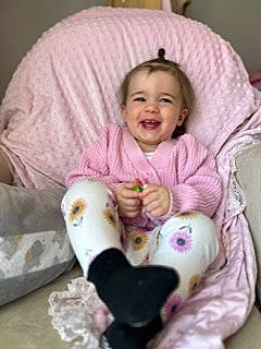 Billie-rose joined the competition — help win amazing prizes! baby, baby_products, baby_toddler_clothing, cheek, child, comfort, event, face, fun, happy, joy, linens, mammal, person, pink, purple, room, skin, smile, textile