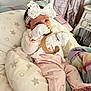 baby, infant, pacifier, headband, lace, blanket, cushion, pajamas, knitted, white, pink, stars, indoor, cute, child, newborn, soft, comfort, portrait, resting