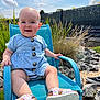 baby, blue_dress, chair, child, daylight, fence, footwear, garden, grass, happy, legs, nature, outdoor, portrait, rocks, sandals, sitting, smiling, sunny