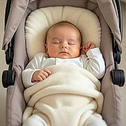 Louis participe au concours pour gagner de l'argent avec cette photo : baby, sleeping, blanket, stroller, infant, cozy, white_clothing, peaceful, cushion, child, newborn, indoors, soft_lighting, resting, cute, portrait, small_hands, wrapped, head_support, baby_care