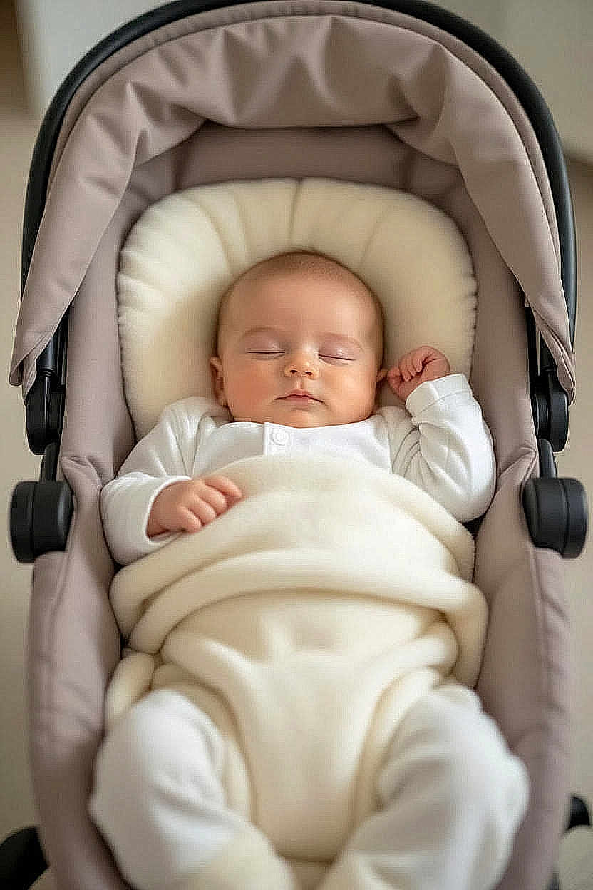 Louis participe au concours pour gagner de l'argent avec cette photo : baby, sleeping, blanket, stroller, infant, cozy, white_clothing, peaceful, cushion, child, newborn, indoors, soft_lighting, resting, cute, portrait, small_hands, wrapped, head_support, baby_care