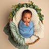 Junior joined the competition — help win amazing prizes! baby, infant, swaddled, basket, blanket, knit, greenery, leaves, portrait, studio, cozy, cute, newborn, wrapped, soft, peaceful, child, head, hands, photography