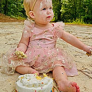 Everleigh is registered to the contest to win money with this photo: baby, birthday, cake, celebration, child, cute, food, forest, frosting, fun, happy, headband, messy, nature, outdoor, pink_dress, sand, sitting, smile, sprinkles