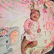 Abby is registered to the contest to win money with this photo: baby, infant, smiling, floral_blanket, headband, bow, pink_dress, lying_down, toes, feet, chubby_cheeks, happy, nursery, elephant_illustration, numbers_on_blanket, milestone_blanket, indoor, pattern, portrait, baby_photography