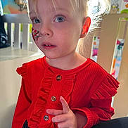Lilly Rose Polled joined the competition — help win amazing prizes! blond_hair, blue_eyes, casual_wear, child, closeup, colorful_background, curious_expression, cute, face, hand_gesture, indoor, natural_light, person, pony_tail, portrait, red_clothing, ruffles, sticker_on_face, toddler, young_child