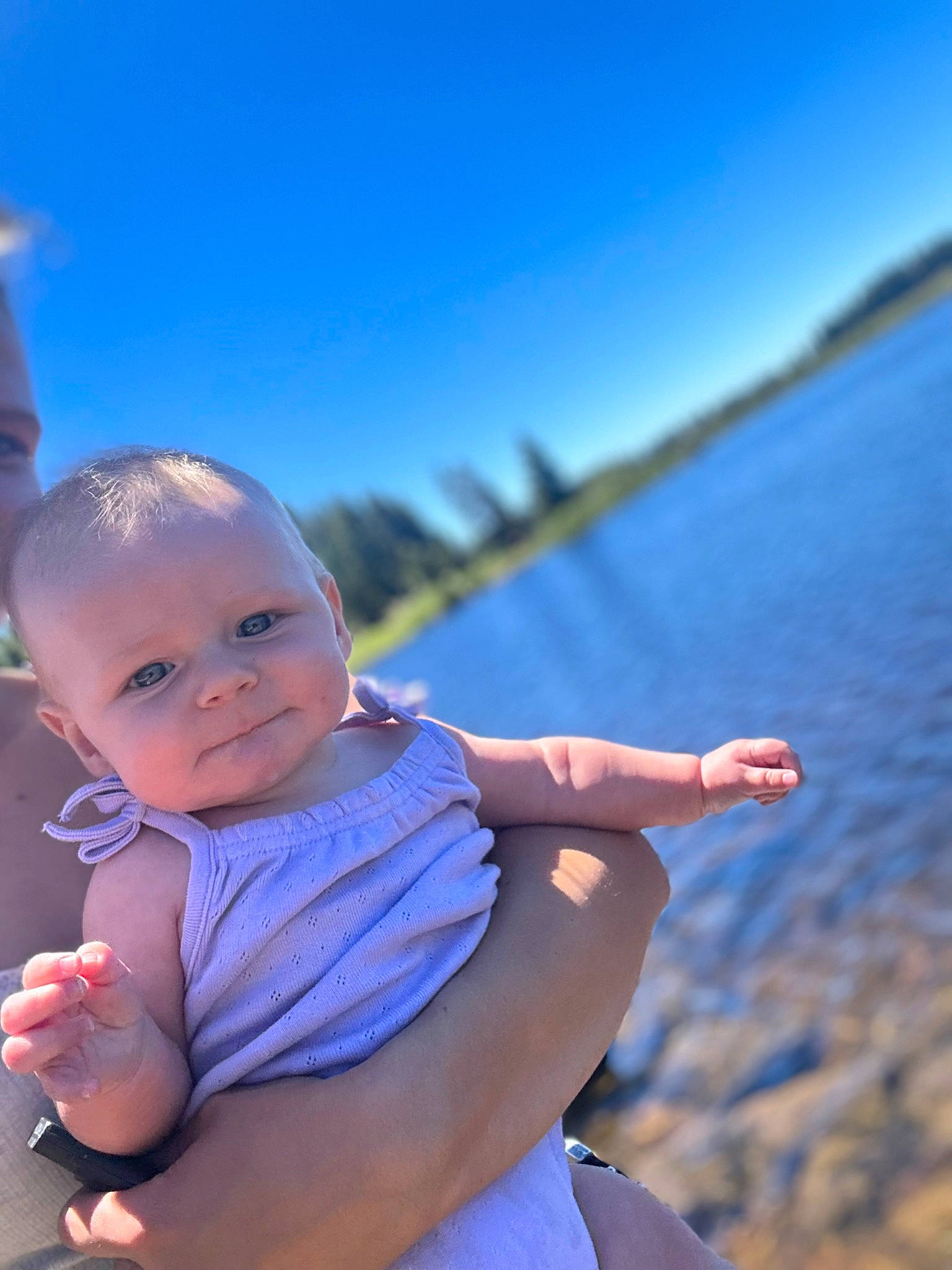 Oakland is registered to the contest to win money with this photo: azure, baby, blue, cloud, electric_blue, flash_photography, fun, gesture, happy, lake, leisure, people_in_nature, person, sky, smile, summer, sunlight, toddler, travel, tree